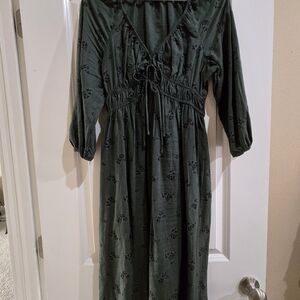 Dark Green Floral 3/4 Length Sleeve Dress, Comfortable Cotton Fabric